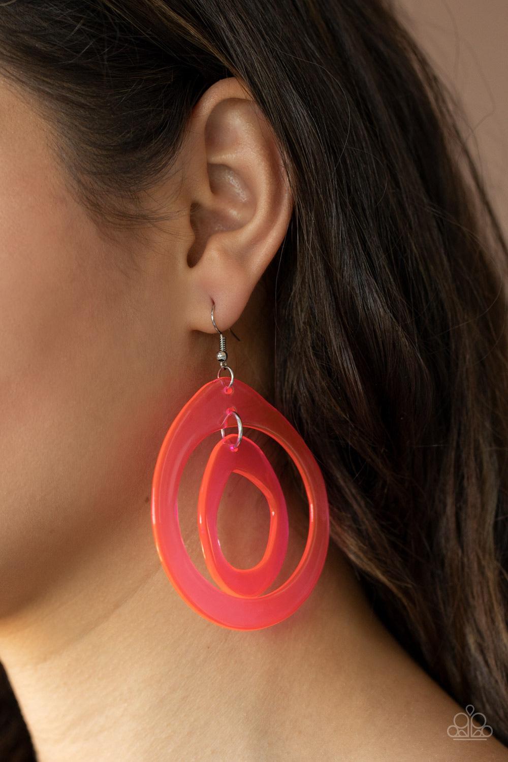 Paparazzi Accessories Show Your True NEONS - Pink Featuring asymmetrical shapes, neon pink acrylic hoops link into a dizzying lure for an out-of-this-world experience. Earring attaches to a standard fishhook fitting. Sold as one pair of earrings. Jewelry
