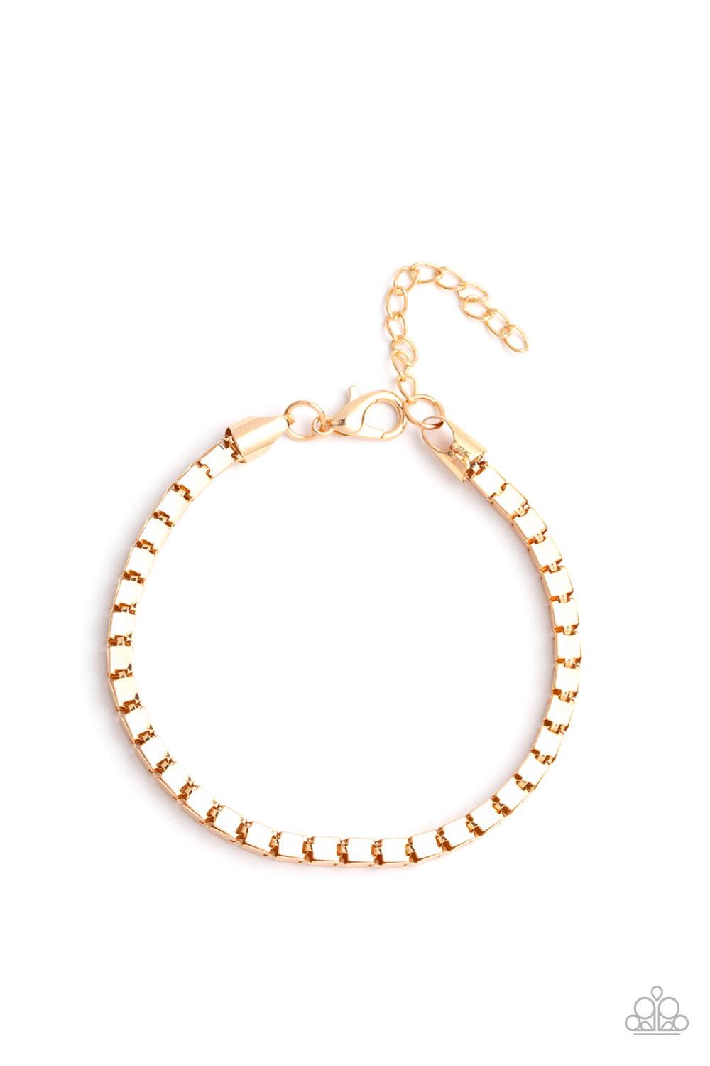 Paparazzi Accessories Boxing Champ - Gold A thick strand of glistening gold box chain links around the wrist for a bold look. Features an adjustable clasp closure. Sold as one individual bracelet. Jewelry