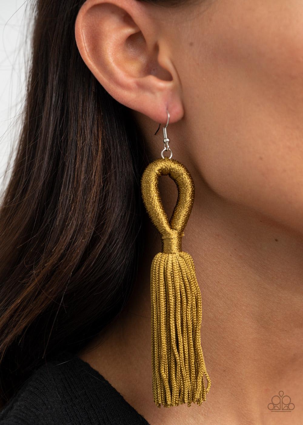 Paparazzi Accessories Tassels And Tiaras - Green Shiny Military Olive cording delicately loops and knots into an elegant tassel. Earring attaches to a standard fishhook fitting. Sold as one pair of earrings. This piece was featured as part of our Fall Tra
