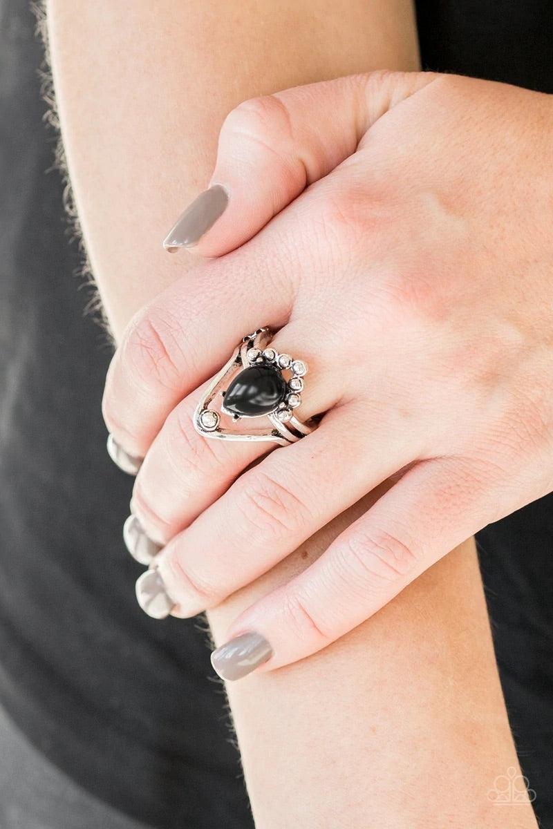 Paparazzi Accessories The Bold and the BEAD-iful - Black Antiqued silver studs and arcing silver bars wrap into a layered band. A shiny black bead is pressed into the center of the geometric frame for a colorful tribal flair. Features a dainty stretchy ba