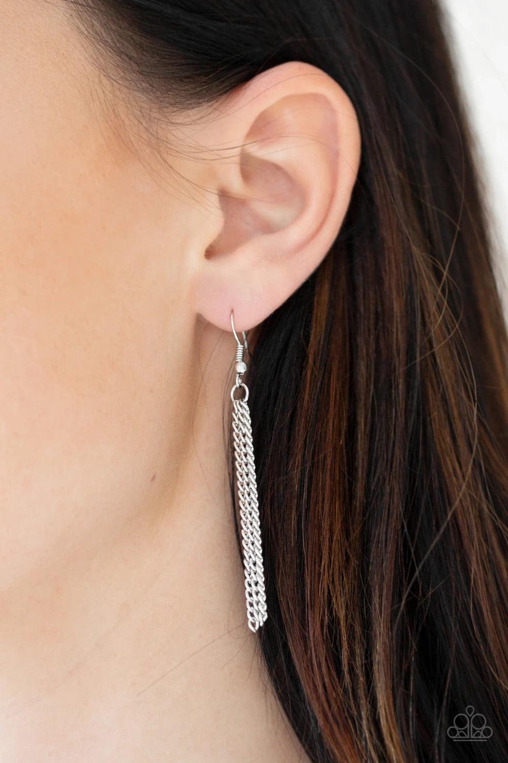 Paparazzi Accessories The Pack Leader - Black Infused with shiny black beading, glistening silver triangular frames join below the collar, creating a fierce geometric fringe. Features an adjustable clasp closure. Sold as one individual necklace. Includes