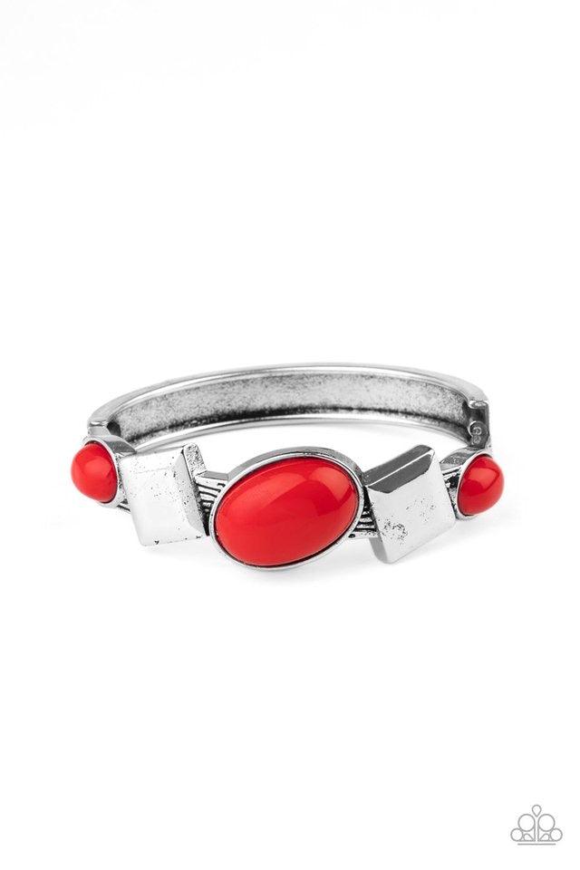Paparazzi Accessories Abstract Appeal - Red Fiery red oval beads and antiqued silver square frames are pressed into the textured front of a cuff-like bangle, creating a colorful pop of color around the wrist. Features a hinged closure. Sold as one individ