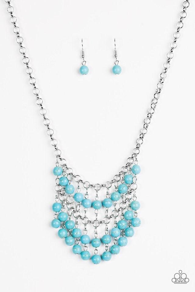 Paparazzi Accessories Jurassic Park Party - Blue Refreshing turquoise stone beads swing from the bottom of a netted silver chain, creating a bold artisanal fringe below the collar. Features an adjustable clasp closure. Sold as one individual necklace. Inc