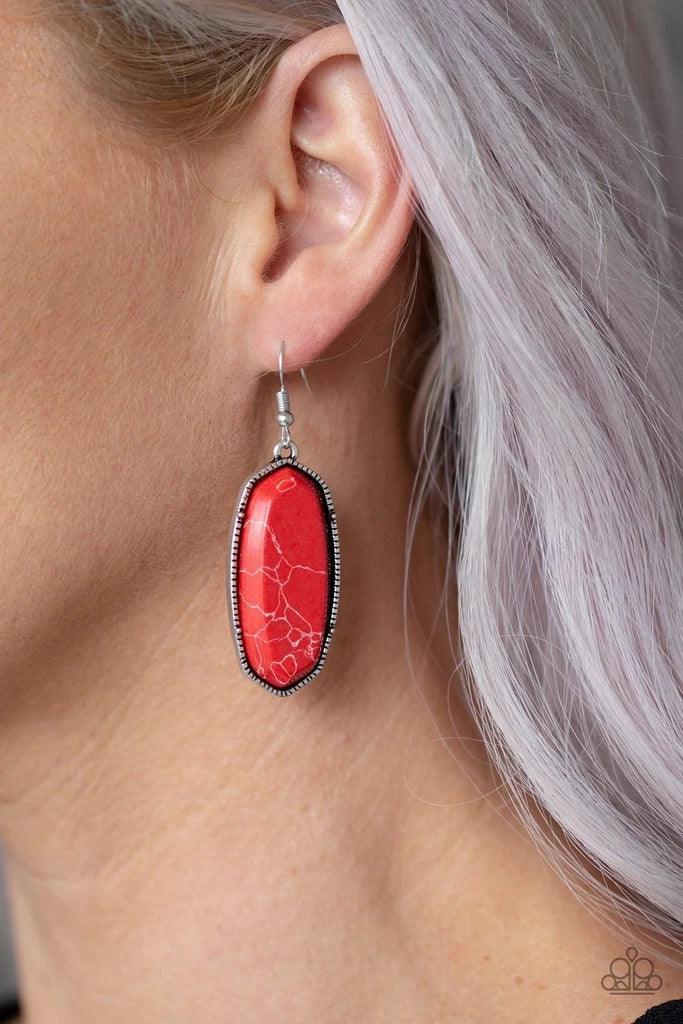 Paparazzi Accessories Stone Quest - Red Featuring a faux marble finish, a fiery red stone is pressed into a studded silver frame for a seasonal flair. As the stone elements in this piece are natural, some color variation is normal. Earring attaches to a s