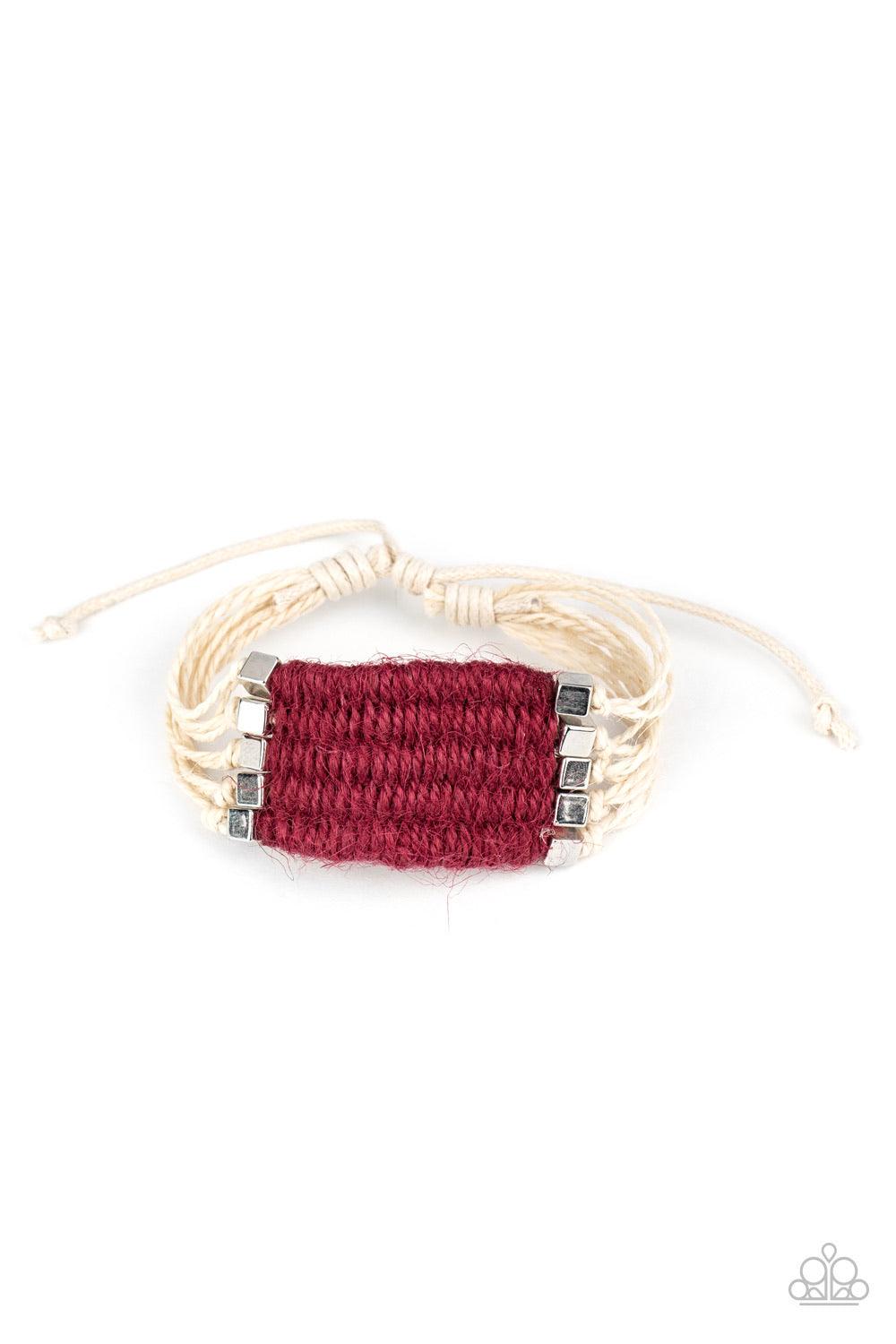 Paparazzi Accessories Beachology - Red Infused with silver cube beads, wine twine-like cording knots and weaves around strands of white cording, creating a colorful centerpiece. Features an adjustable sliding knot closure. Sold as one individual bracelet.