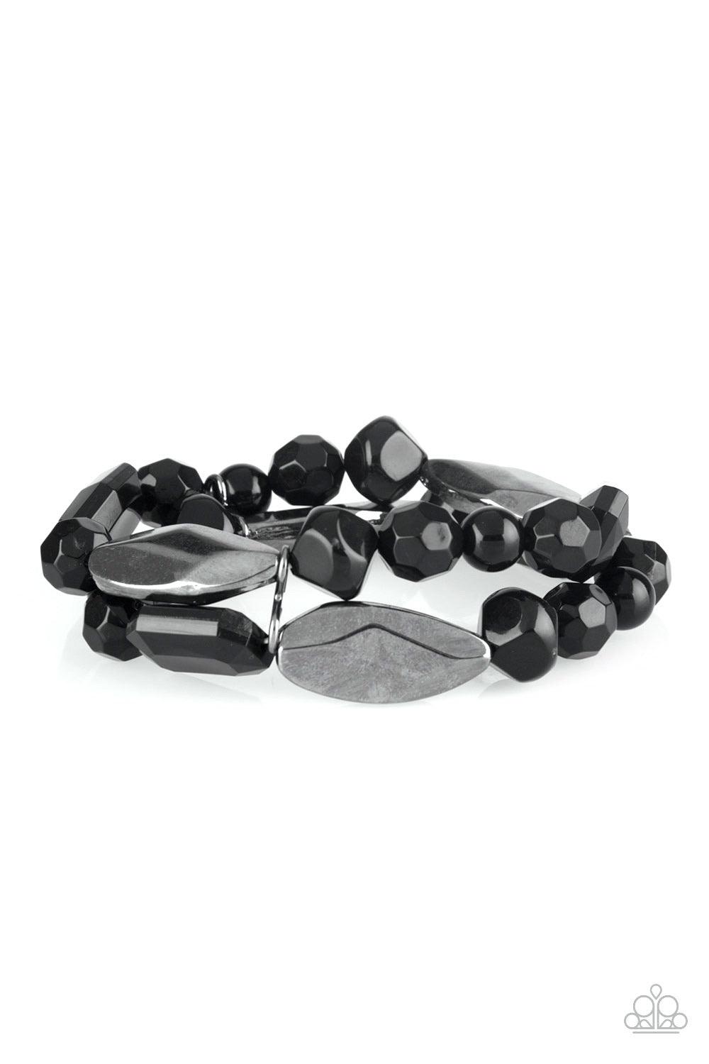 Paparazzi Accessories Rockin Rock Candy - Black Mismatched gunmetal, polished black, and crystal-like beads are threaded along interlocking stretchy bands for a whimsical look. Sold as one individual bracelet. Jewelry