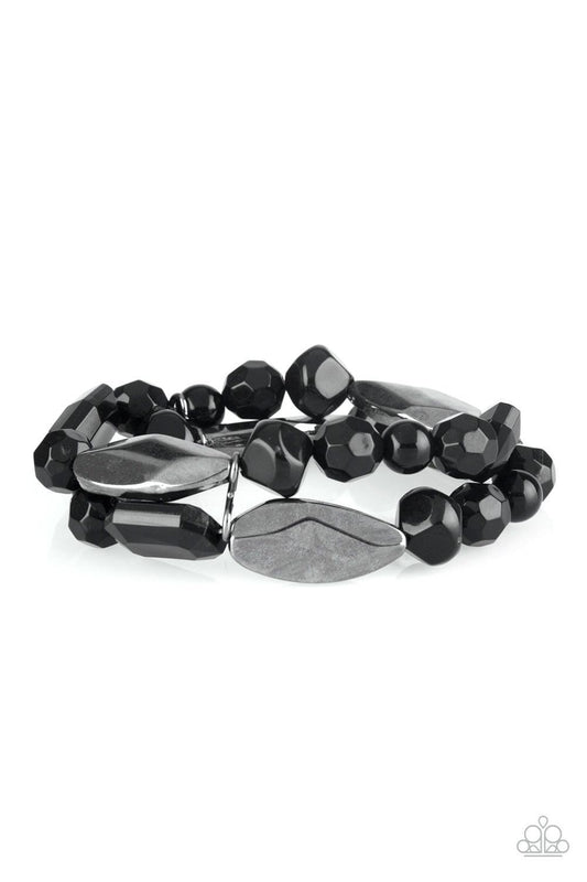 Paparazzi Accessories Rockin Rock Candy - Black Mismatched gunmetal, polished black, and crystal-like beads are threaded along interlocking stretchy bands for a whimsical look. Sold as one individual bracelet. Jewelry