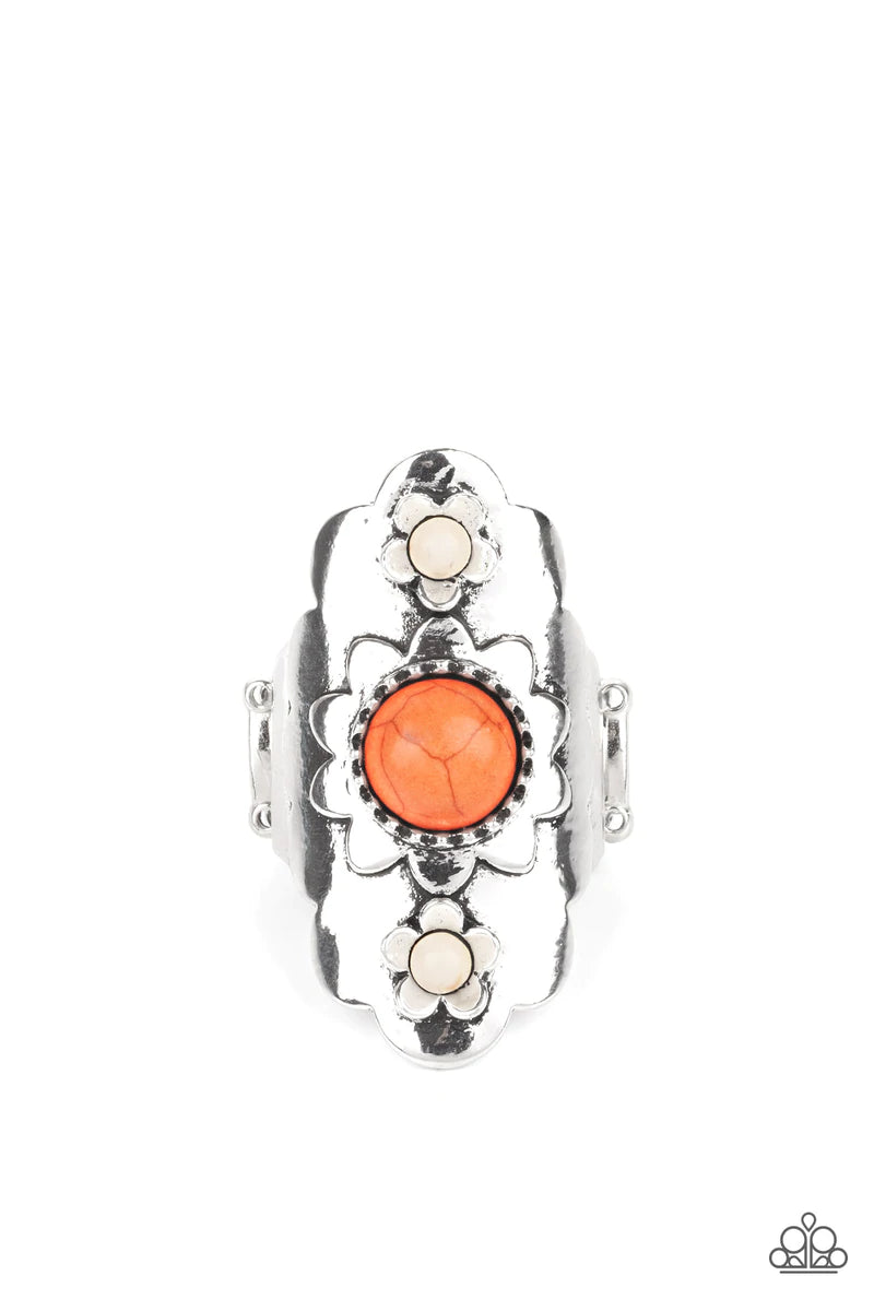 Paparazzi Accessories Badlands Garden - Orange Featuring orange and white stone centers, shiny silver flowers bloom atop a scalloped silver frame for a whimsically seasonal look atop the finger. Features a stretchy band for a flexible fit. Sold as one ind