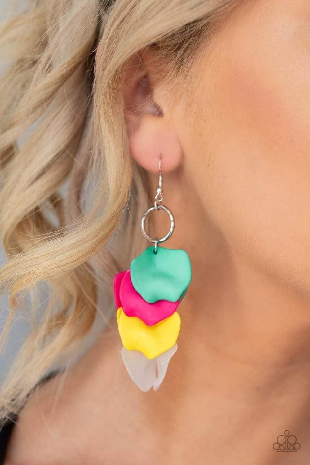 Paparazzi Accessories Glass Gardens - Multi Featuring opaque, pink, yellow, and Biscay Green finishes, glass-like acrylic petals cascade from the ear, coalescing into a whimsically clustered lure. Jewelry