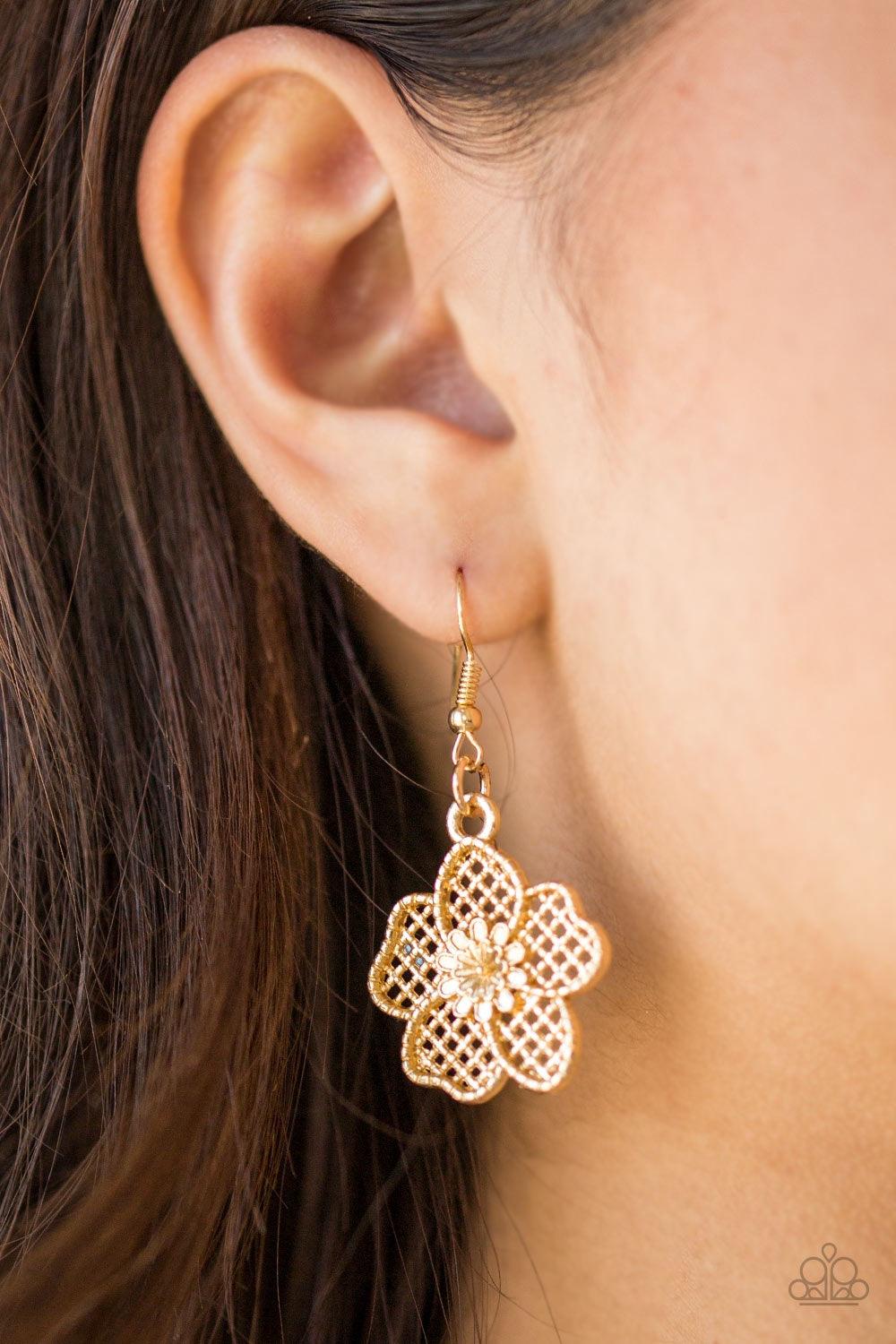 Paparazzi Accessories Petunia Paradise - Gold Featuring lattice-like patterns, shimmery gold flowers bloom below the collar for a seasonal look. Features an adjustable clasp closure. Jewelry