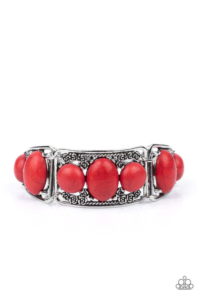 Paparazzi Accessories Southern Splendor Pink | Red stones are encrusted along the center of antiqued silver frames dotted with dainty rosebuds as they delicately connect into an adjustable cuff-like display around the wrist. Features an adjustable clasp c