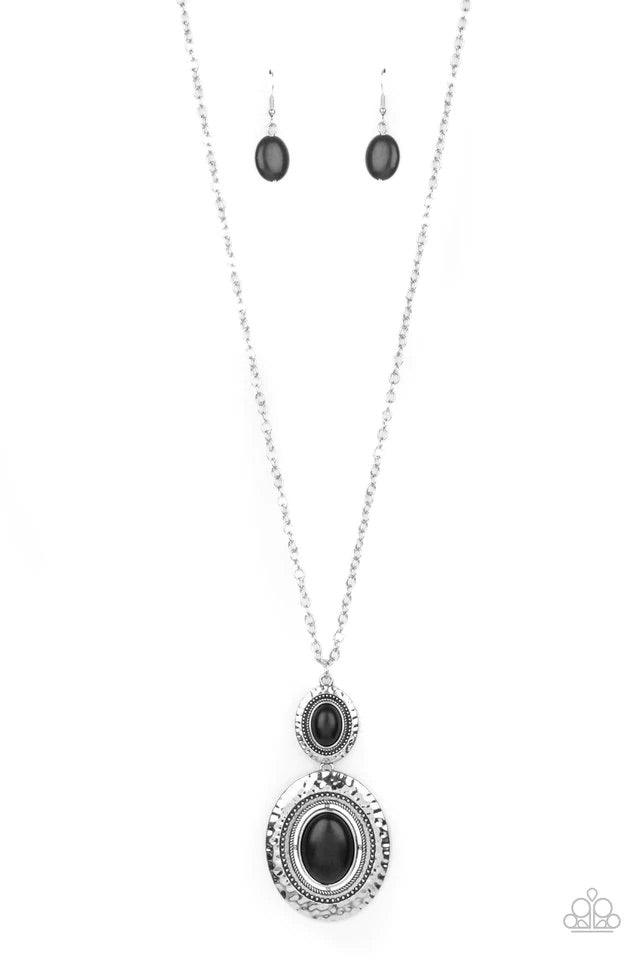 Paparazzi Accessories Southern Opera - Black A pair of oval black stones are pressed into the centers of studded and hammered silver fittings, creating a whimsically stacked pendant at the bottom of a lengthened silver chain. Features an adjustable clasp