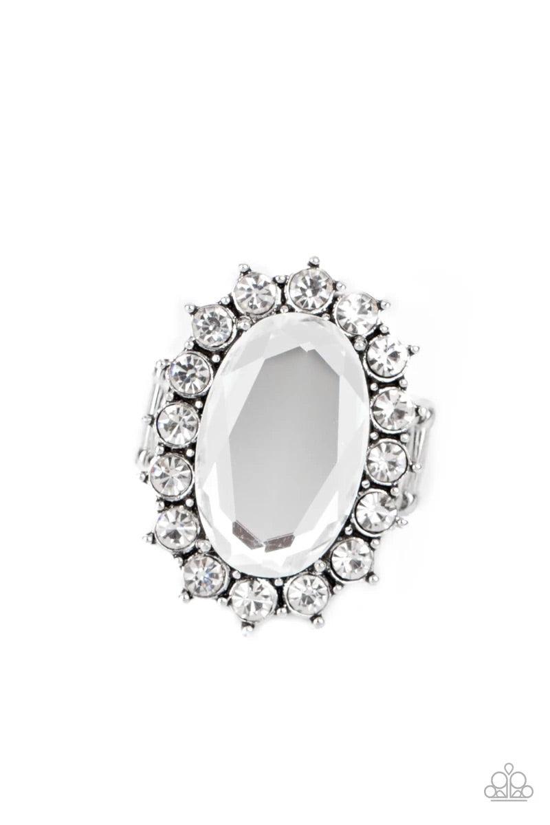 Paparazzi Accessories Bling of All Bling - White White rhinestone encrusted petals bloom from an oversized white gem, creating a dramatic centerpiece atop the finger. Features a stretchy band for a flexible fit. Rings