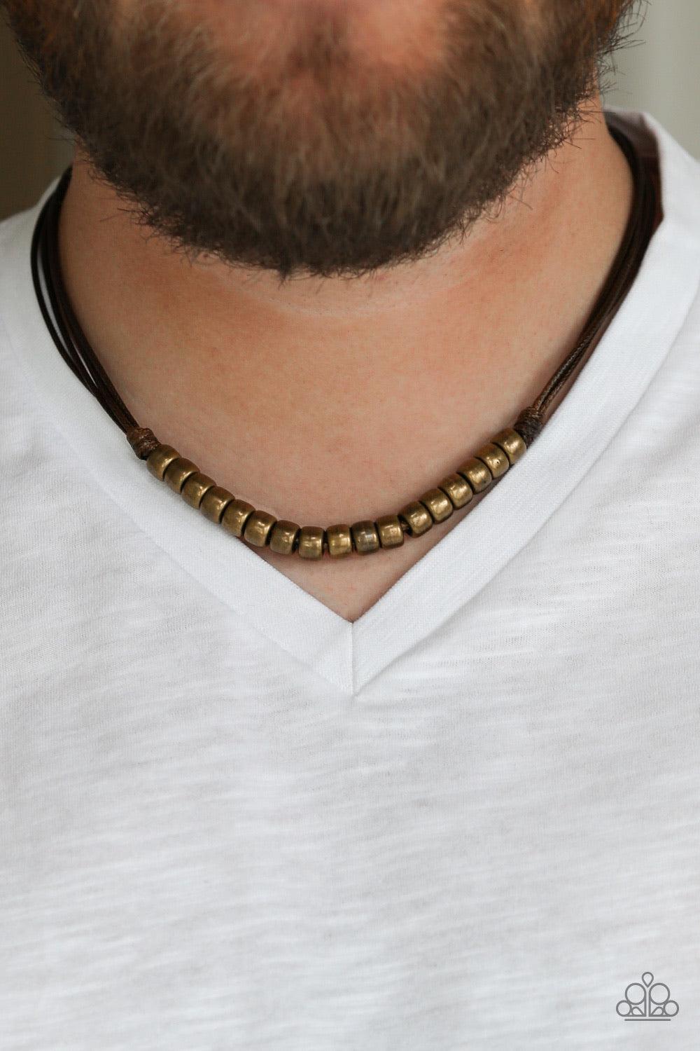 Paparazzi Accessories On The TREASURE Hunt - Brown A row of brass beads is knotted in place along strands of brown cording below the collar for a seasonal look. Features a button loop closure. Sold as one individual necklace. Jewelry