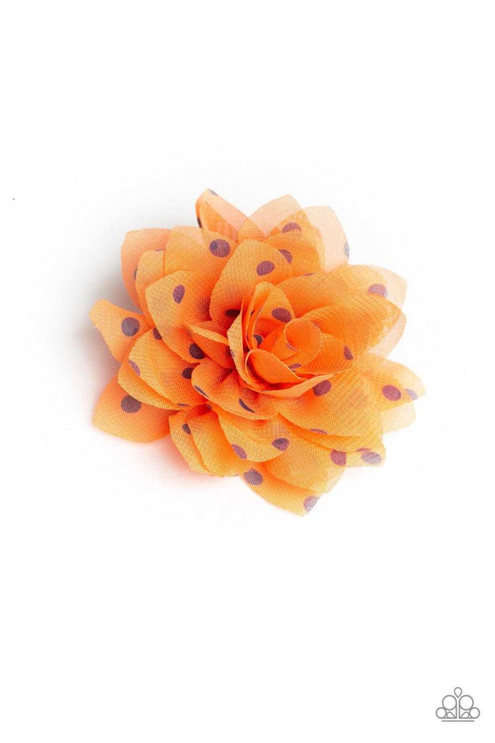 Paparazzi Accessories Dot Dot Dot - Orange Dotted in dainty polka dots, orange chiffon petals gather into an airy flower for a seasonal look. Features a standard hair clip on the back. Hair Accessories