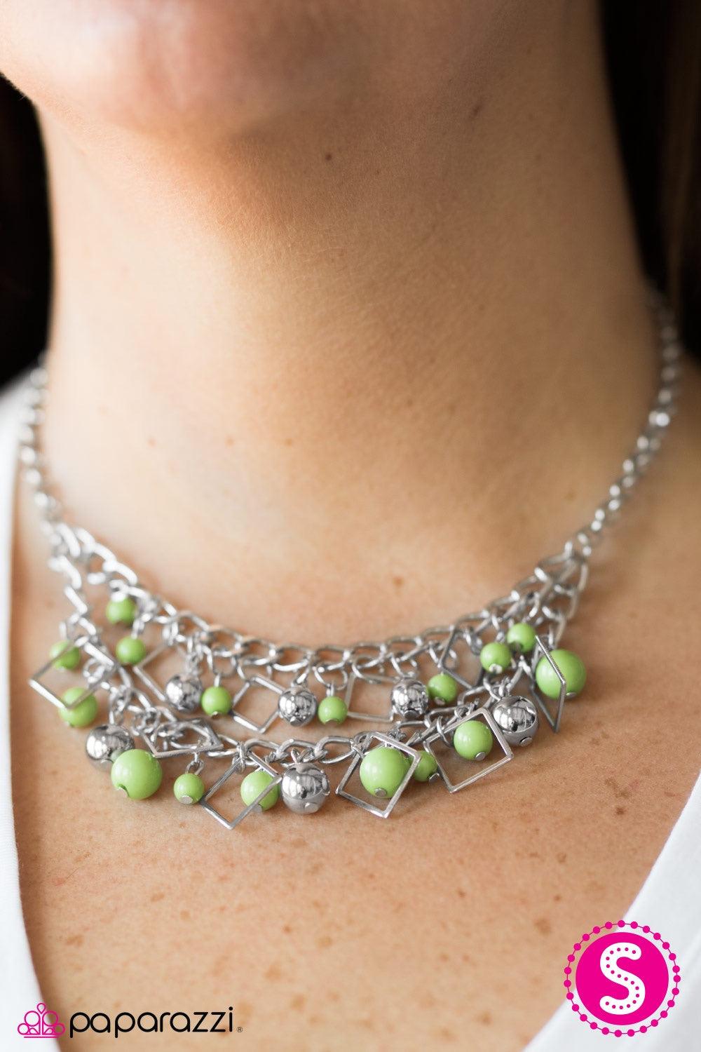 Paparazzi Accessories Finally FRAME-ous - Green Vivacious green and classic silver beading cascade from two rows of bold silver chain. Glistening silver frames trickle between the colorful fringe, adding a trendy geometric flair to the flawlessly layered