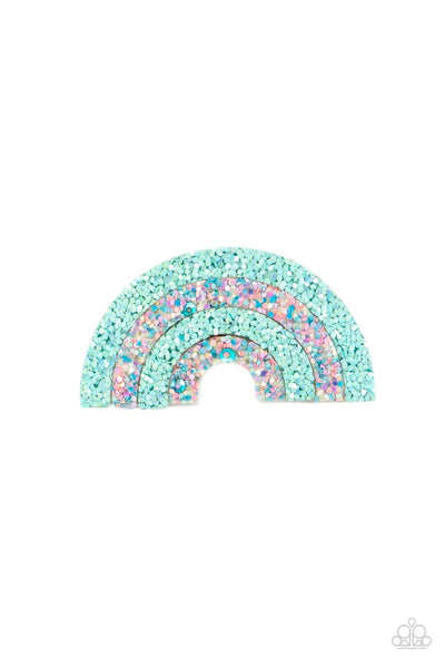 Paparazzi Accessories Rainbow Reflections - Blue Iridescent rows of glittery blue and multicolored confetti-like sparkles alternate into a glittery rainbow. Features a standard hair clip on the back. Sold as one individual hair clip. Hair Accessories
