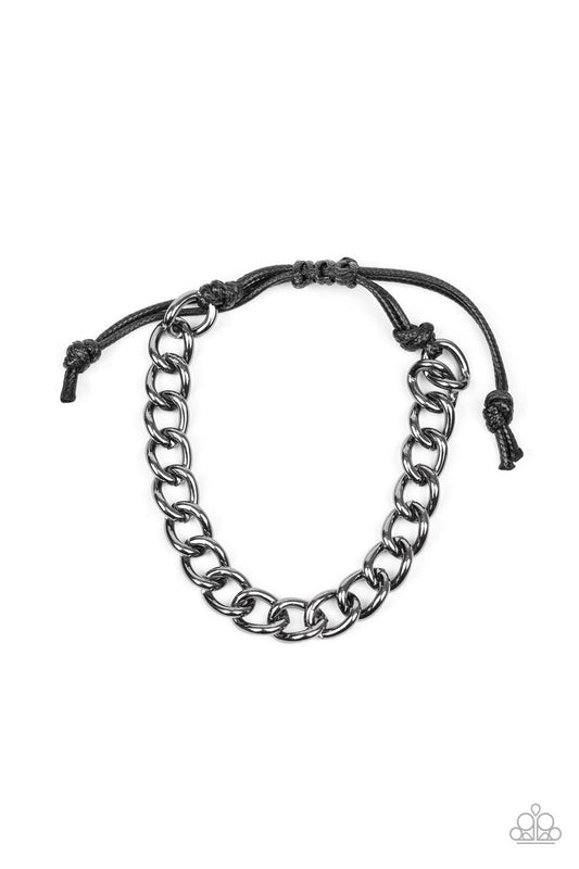 Paparazzi Accessories Sideline - Black Shiny black cording knots around the ends of a classic gunmetal cable chain that is wrapped across the top of the wrist for a versatile look. Features an adjustable sliding knot closure. Sold as one individual bracel