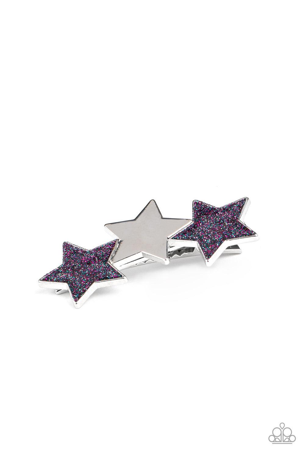 Paparazzi Accessories Don’t Get Me STAR-Ted - Purple Painted in glittery blue and purple sparkles, a sparkly pair of stars flanks a shiny silver star, coalescing into a stellar centerpiece. Features a standard hair clip. Sold as one individual hair clip.