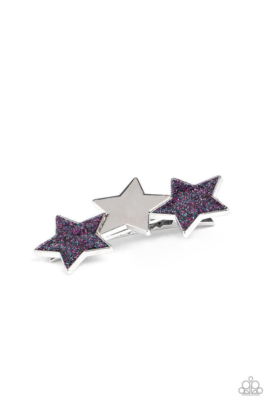 Paparazzi Accessories Don’t Get Me STAR-Ted - Purple Painted in glittery blue and purple sparkles, a sparkly pair of stars flanks a shiny silver star, coalescing into a stellar centerpiece. Features a standard hair clip. Sold as one individual hair clip.