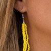 Paparazzi Accessories The Show Must CONGO On - Yellow Infused with two bold silver fittings, countless strands of yellow seed beads drape below the collar for a seasonal look. Features an adjustable clasp closure. Jewelry