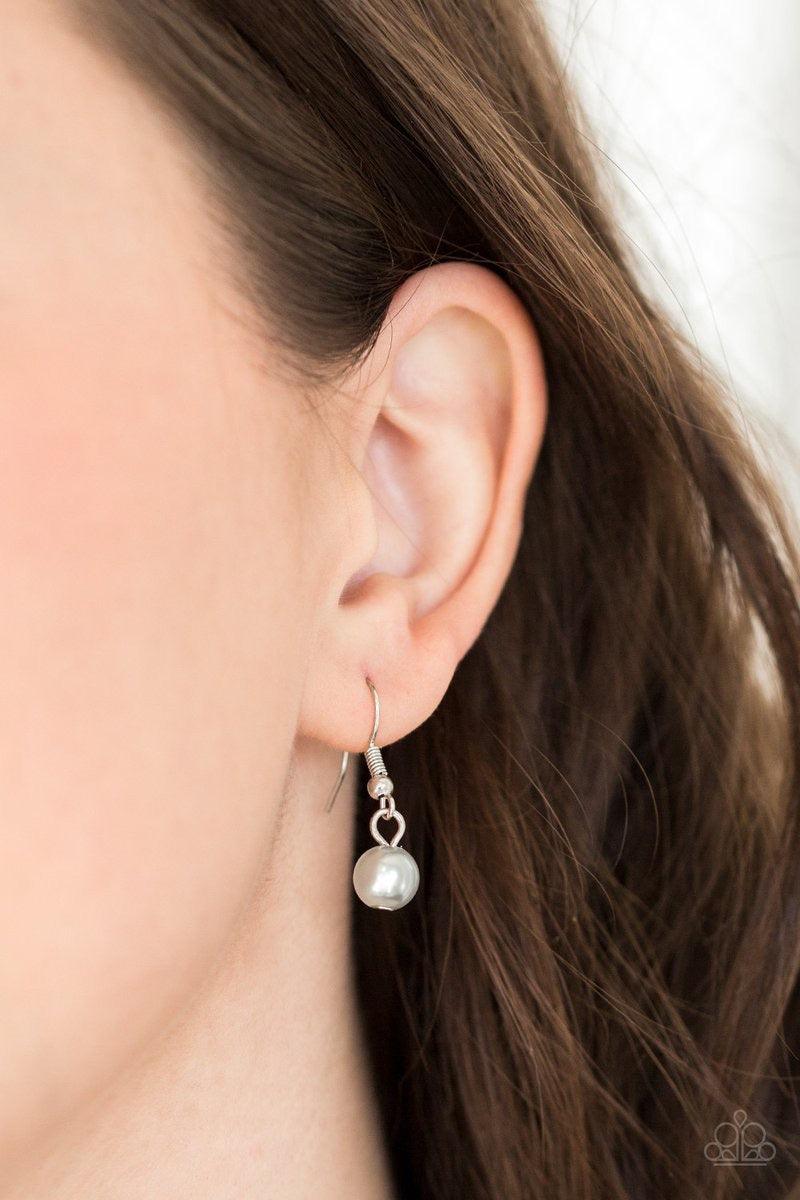 Paparazzi Accessories Very Valentine - Silver Infused with classic silver pearls, vintage locket-like heart frames swing from the bottoms of bold silver hoops, creating a flirtatious fringe below the collar. Features an adjustable clasp closure. Sold as o
