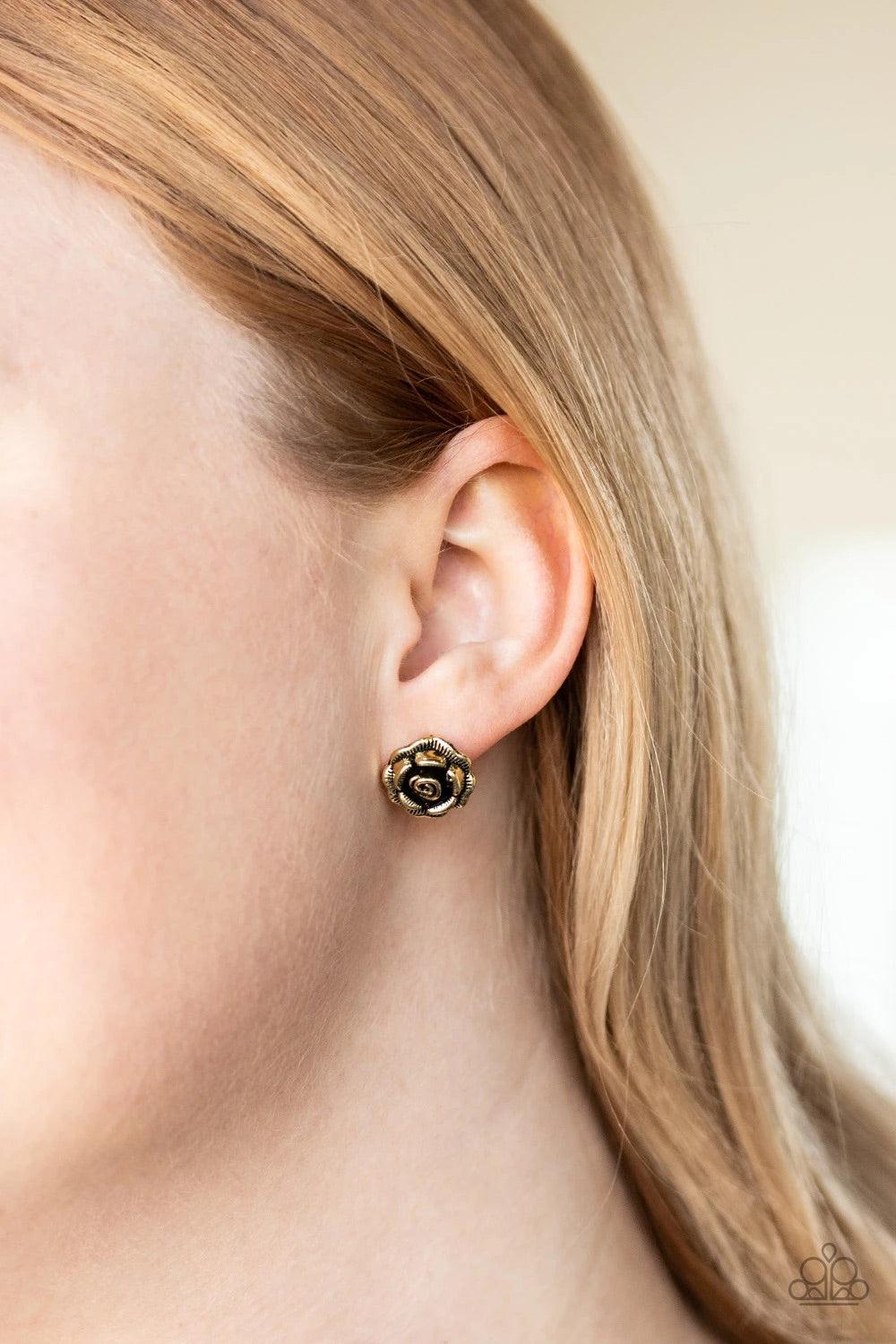 Paparazzi Accessories Best ROSEBUDS - Brass Etched in lifelike textures, antiqued brass petals gather into a dainty rosebud for a whimsical look. Earring attaches to a standard post fitting. Sold as one pair of post earrings. Jewelry