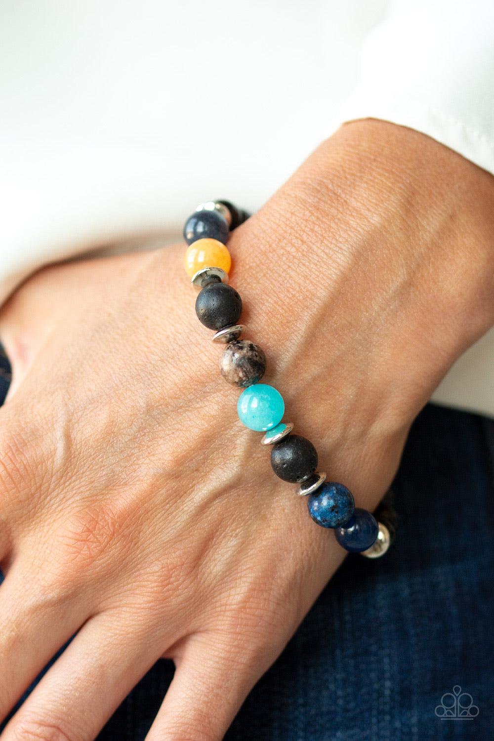 Paparazzi Accessories Journey - Multi A refreshing compilation of shiny black beads, silver accents, and earthy stone beads are threaded along a stretchy band around the wrist for a seasonal look. Sold as one individual bracelet. Jewelry