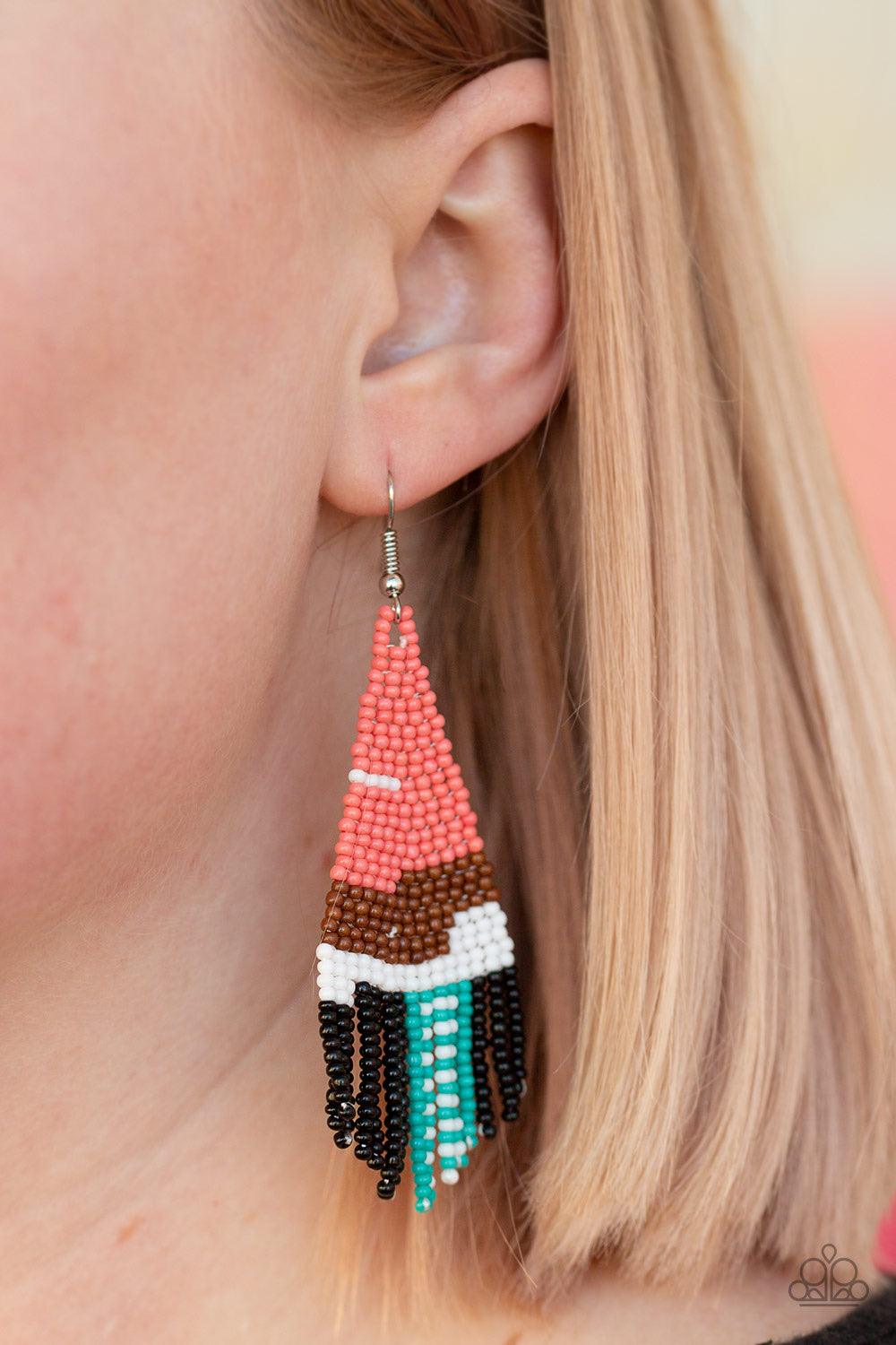 Paparazzi Accessories Summer Heat - Orange Strands of coral, white, brown, black, and green seed beads colorfully weave into a vivaciously beaded fringe. Earring attaches to a standard fishhook fitting. Jewelry