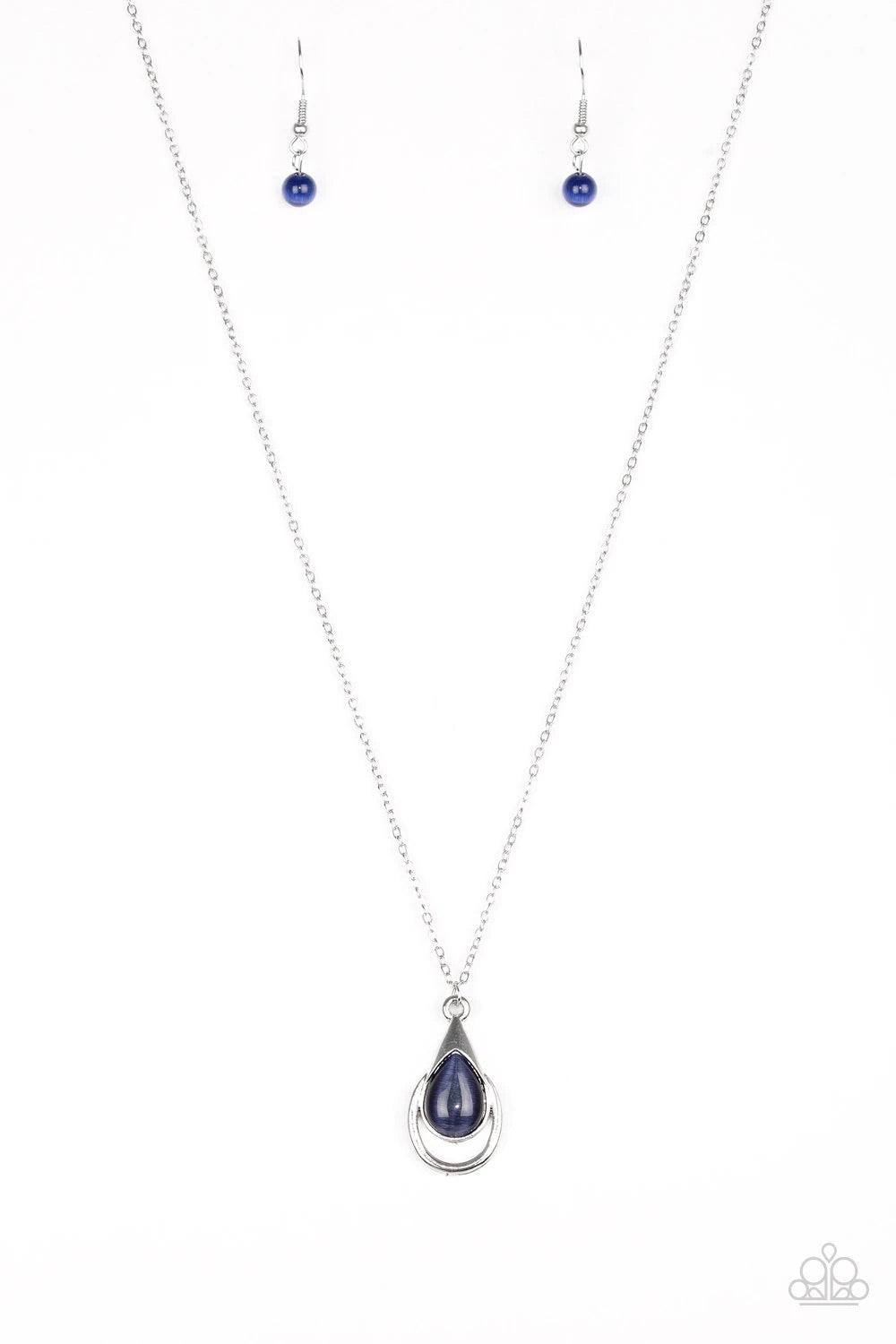 Paparazzi Accessories Just Drop It! - Blue Chiseled into a tranquil teardrop, a glowing blue moonstone is pressed into an abstract silver frame, creating a whimsical pendant. Features an adjustable clasp closure. Sold as one individual necklace. Includes