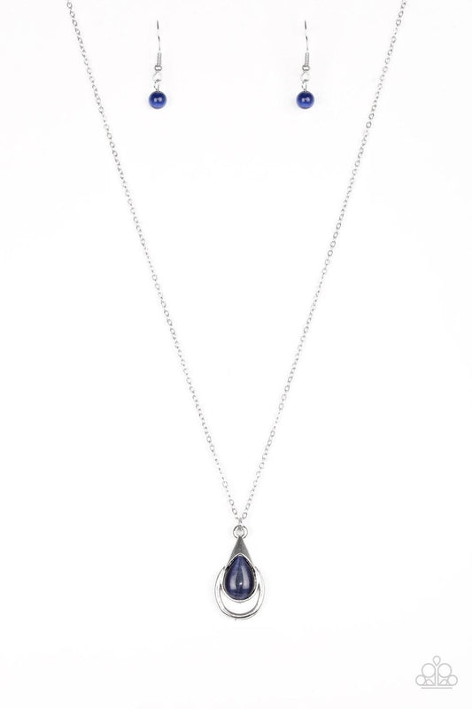 Paparazzi Accessories Just Drop It! - Blue Chiseled into a tranquil teardrop, a glowing blue moonstone is pressed into an abstract silver frame, creating a whimsical pendant. Features an adjustable clasp closure. Sold as one individual necklace. Includes