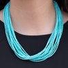 Paparazzi Accessories Wide Open Spaces ~Blue Infused with two large silver fittings, refreshing Blue Radiance seed beads are threaded along countless strands, creating dramatic layers below the collar for a seasonal look. Features an adjustable clasp clos