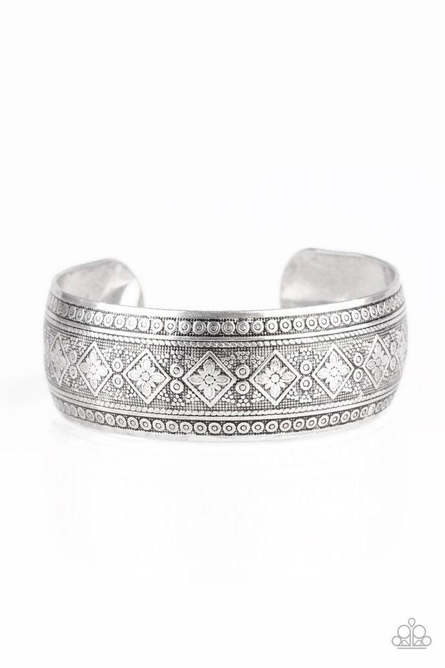Paparazzi Accessories Gorgeously Gypsy - Silver Embossed in whimsical floral patterns, an ornate silver cuff curls around the wrist for a seasonal look. Jewelry