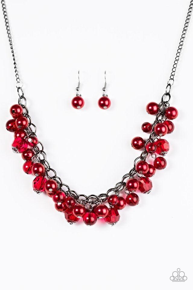 Paparazzi Accessories Time To RUNWAY - Red Glassy, pearly, and faceted crystal-like beading trickle from the bottom of interlocked gunmetal chains, creating a fierce fringe. Features an adjustable clasp closure. Jewelry
