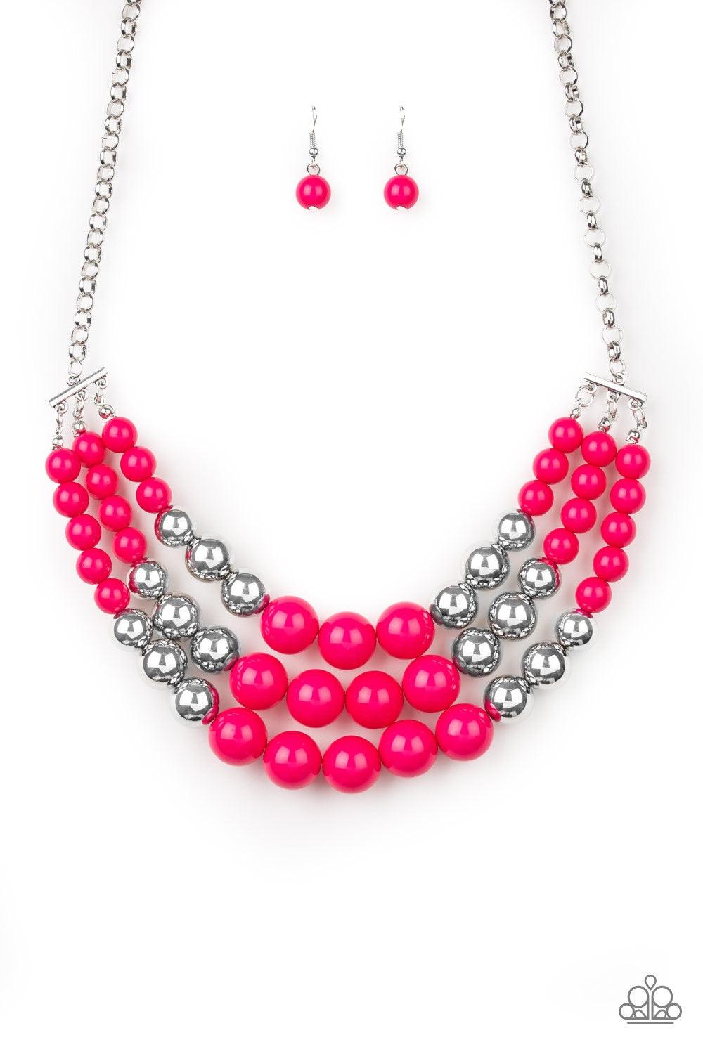 Paparazzi Accessories Dream Pop - Pink Gradually increasing in size near the center, a collection of pink and silver beads layer below the collar in a statement making fashion. Features an adjustable clasp closure. Jewelry