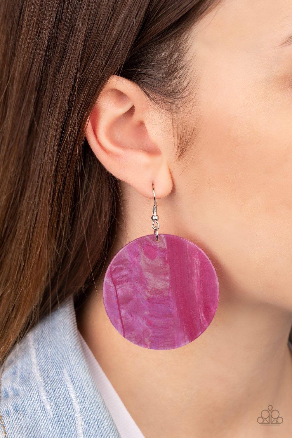Paparazzi Accessories Cosmic Rainbow - Pink Brushed in a rainbow iridescence, a circular pink acrylic frame swings from the ear for an out of this world style. Earring attaches to a standard fishhook fitting. Color may vary. Jewelry