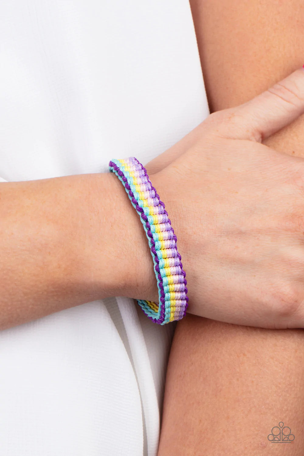 Paparazzi Accessories Campfire Craft - Multi Purple, blue, pink, and yellow thread is decoratively knotted around the wrist, creating a colorful rainbow. Features an adjustable sliding knot closure. Sold as one individual bracelet. Jewelry