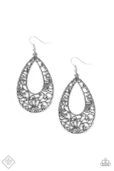 Paparazzi Accessories Iridescently Ivy - Silver Brushed in an antiqued shimmer, vine-like filigree climbs a silver teardrop frame for a seasonal flair. Earring attaches to a standard fishhook fitting. Jewelry
