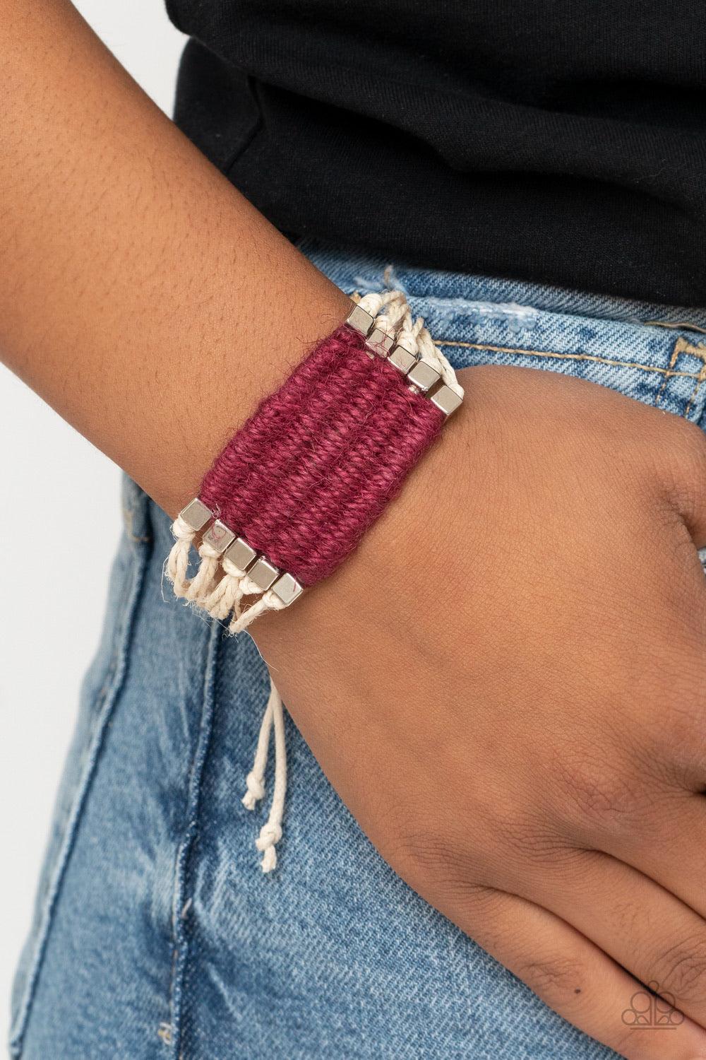 Paparazzi Accessories Beachology - Red Infused with silver cube beads, wine twine-like cording knots and weaves around strands of white cording, creating a colorful centerpiece. Features an adjustable sliding knot closure. Sold as one individual bracelet.