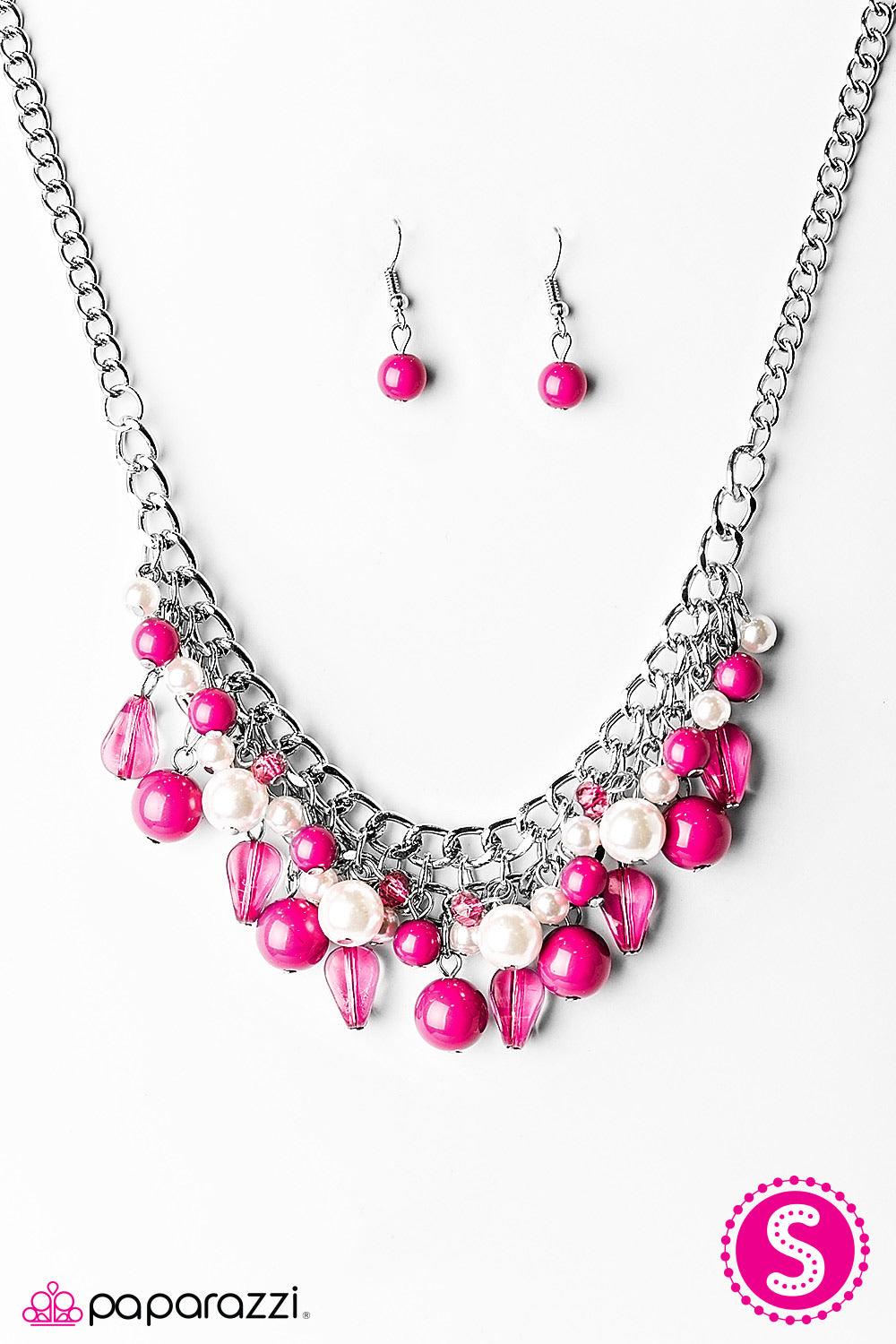 Paparazzi Accessories Vintage Vindication ~Pink Tinted in a bright hue, a collision of polished pink beads, white pearls, and twinkling crystal beads create a gorgeous fringe below the collar. Thick silver chain is added to the sparkling display for a bol