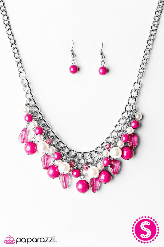 Paparazzi Accessories Vintage Vindication ~Pink Tinted in a bright hue, a collision of polished pink beads, white pearls, and twinkling crystal beads create a gorgeous fringe below the collar. Thick silver chain is added to the sparkling display for a bol