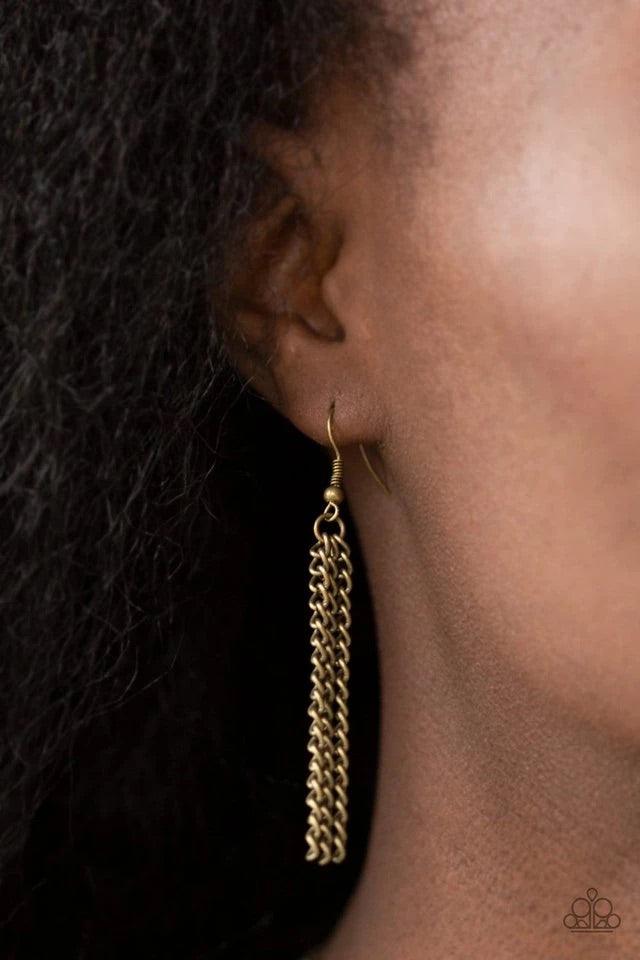 Paparazzi Accessories Palm Springs Pharaoh - Brass Hammered in an antiqued shimmer, airy half-moon shaped brass frames link below the collar in a bold, statement-making fashion. Features an adjustable clasp closure. Jewelry