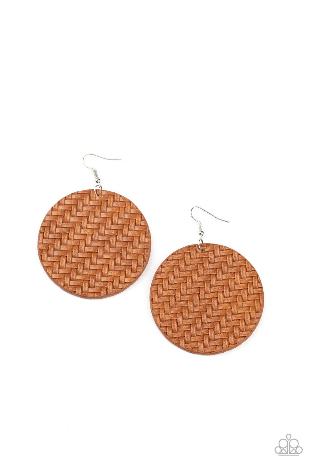 Paparazzi Accessories Plaited Plains - Brown Brown leather-like laces weave into a plaited frame for a seasonal flair. Earring attaches to a standard fishhook fitting. Jewelry