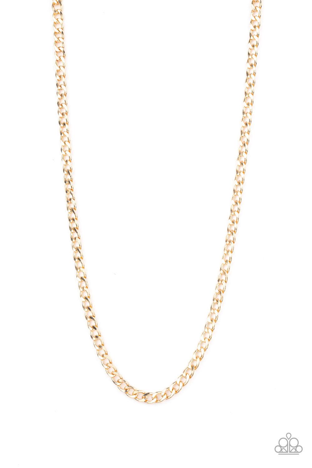 Paparazzi Accessories Delta - Gold Featuring classic curb chain, a thick gold chain drapes across the chest for a sleek, upscale look. Features an adjustable clasp closure. Jewelry