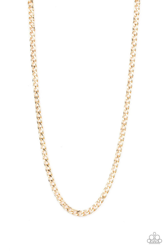 Paparazzi Accessories Delta - Gold Featuring classic curb chain, a thick gold chain drapes across the chest for a sleek, upscale look. Features an adjustable clasp closure. Jewelry