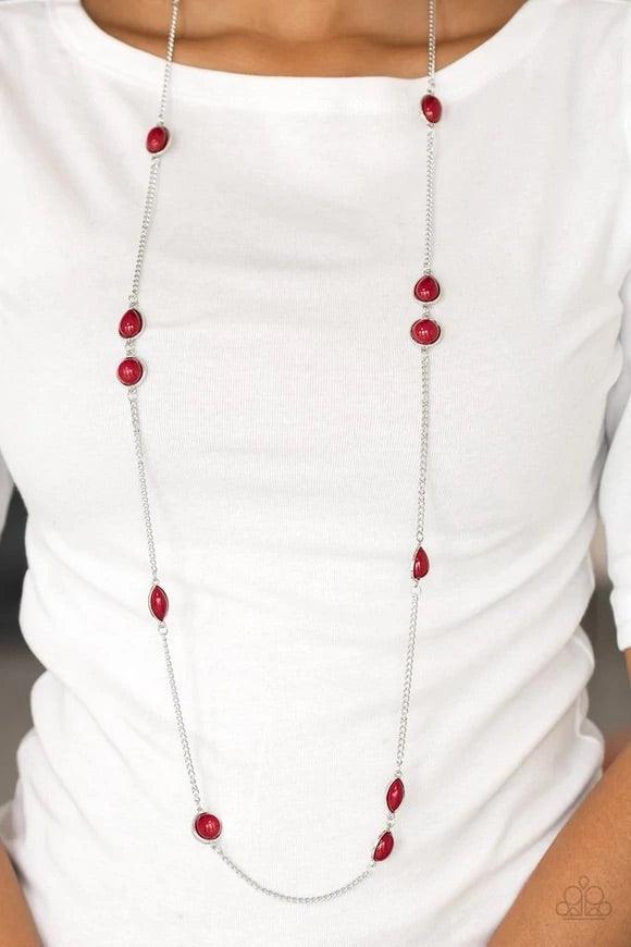 Paparazzi Accessories Pacific Piers - Red Featuring round and teardrop shapes, rich red beading trickles along an elongated silver chain for a seasonal look. Features an adjustable clasp closure. Jewelry