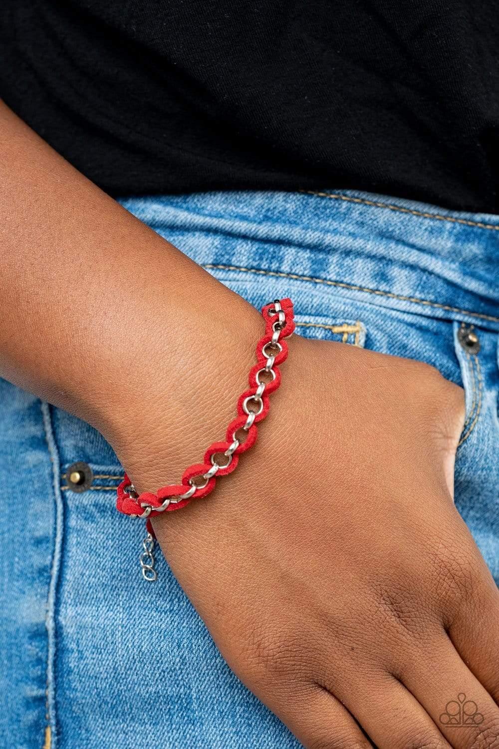 Paparazzi Accessories SUEDE Side to Side - Red Dainty strands of Samba suede are delicately braided around and through a round silver chain for an edgy look. Features an adjustable clasp closure. Sold as one individual bracelet. Jewelry