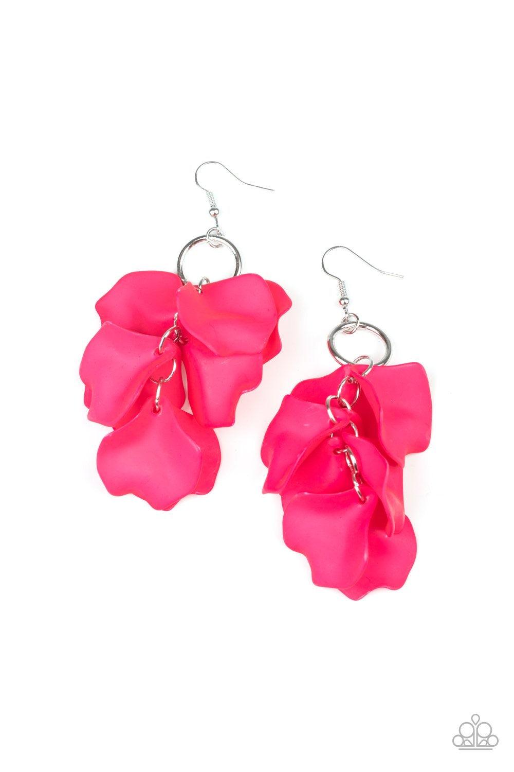 Paparazzi Accessories Glass Gardens - Pink Featuring a flamboyant pink finish, glass-like acrylic petals cascade from the ear, coalescing into a whimsically clustered lure. Earring attaches to a standard fishhook fitting. Sold as one pair of earrings. Jew