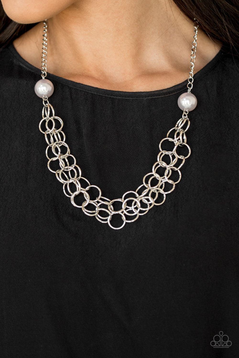 Paparazzi Accessories Daring Diva - Silver Two oversized silver pearls give way to dramatic silver chains, creating bold layers below the collar for a sassy look. Features an adjustable clasp closure. Sold as one individual necklace. Includes one pair of