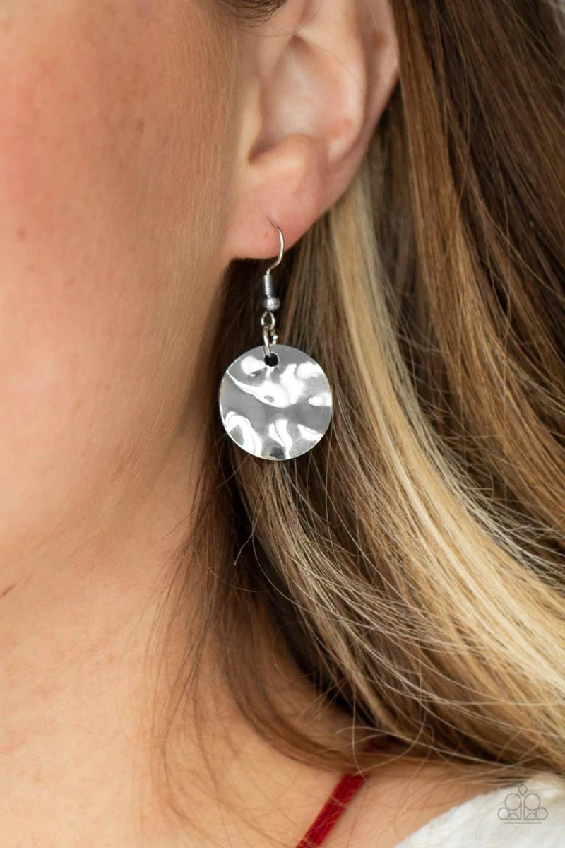 Paparazzi Accessories CORD-inated Effort - Red An oversized hammered disc swings from the top of a bold silver hoop that attaches to mismatched silver fittings at the bottom of a lengthened red cord, creating a dramatic pendant. Features an adjustable cla